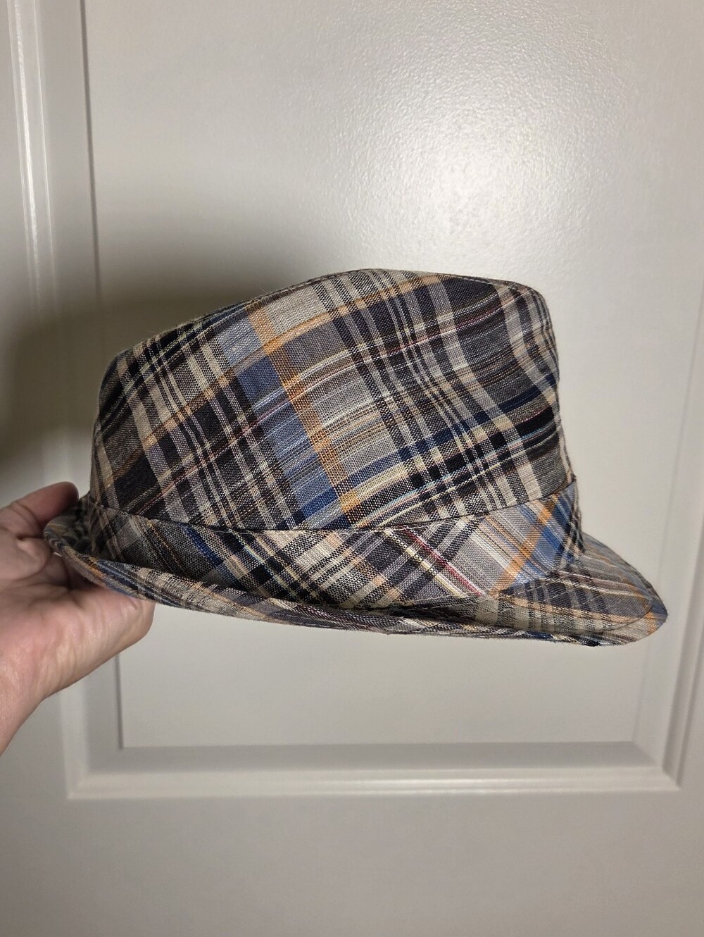 Stetson Plaid Linen Blend Fedora Hat Trilby Mens XL Classic Short Brim Blue Gray - Picture 6 of 11